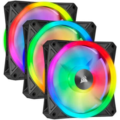 Corsair QL Series, iCUE QL120 RGB 3PACK, 120mm RGB LED PWM Black Fan, Triple Fan Kit with Lighting Node CORE