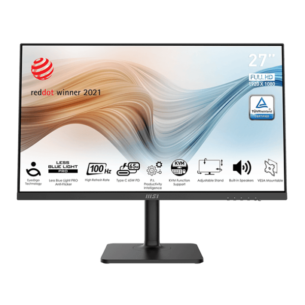 MSI Modern MD272XP Business Monitor, 27" FHD IPS Display, 100Hz Refresh Rate, 1ms (MPRT) Response Time, AMD FreeSync Technology, 16.7M Display Colors, KVM Switch Design, Black | 9S6-3PB19H-077