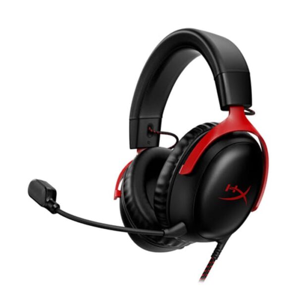 HyperX Cloud III Wired Gaming Headset, For PC / PS5 / PS4 / Xbox Series, Angled 53mm Drivers, Noise Cancelling, With LED Mic Mute Indicator, 10Hz-21kHz Frequency Response, Black/Red | 727A9AA