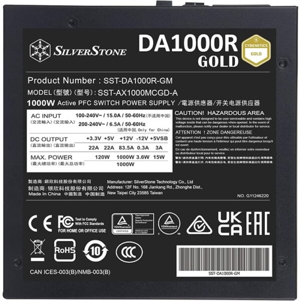 Silverstone DA1000R Fully Modular ATX Power Supply, Cybenetics Gold, 1000W Max Output Power, Gen5 12VHPWR PCIe Connector, 135mm Silent FDB Fan, Active PFC, White | SST-DA1000R-GM-WWW - Image 5