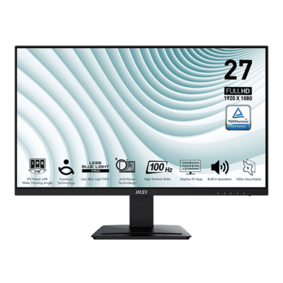 MSI PRO MP273A 27″ Professional Business Monitor, FHD 100Hz Anti Glare IPS Display, 1ms MPRT Response Time, 2x 3W Speakers, Adaptive Sync, Display Kit Support, DP / HDMI / VGA, Black | 9S6-3PB4CH-070
