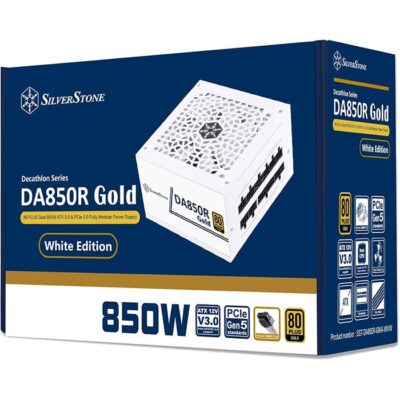 SilverStone DA850R Fully Modular Power Supply, 80 PLUS Gold, 850W ATX 3.0 & PCIe 5.0, Active PFC, Silent 120mm Fan, Advanced Protections, 12V-2×6 PCIe Connector, White | SST-DA850R-GMA-WWW