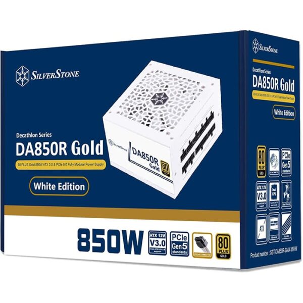 SilverStone DA850R Fully Modular Power Supply, 80 PLUS Gold, 850W ATX 3.0 & PCIe 5.0, Active PFC, Silent 120mm Fan, Advanced Protections, 12V-2x6 PCIe Connector, White | SST-DA850R-GMA-WWW
