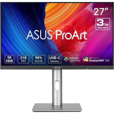 ASUS ProArt PA27JCV Monitor, 27″ IPS Display, 5K Resolution, 60Hz Refresh Rate, 5ms (GtG) Response Time, LuxPixel Technology, Built-In KVM, 1073.7m Color Display, Black / Silver | 90LM0AL0-B01K70