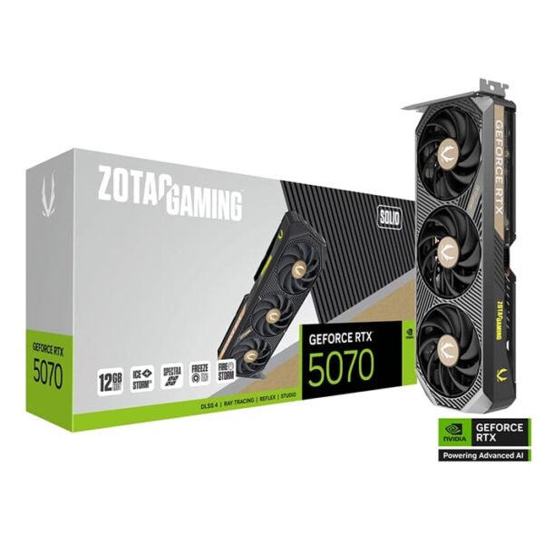 ZOTAC GAMING GeForce RTX 5070 SOLID Graphics Card, 12GB GDDR7 192-Bit Memory, 2512 MHz Engine Clock, CUDA Cores 6144, 28 Gbps Memory Clock, PCI Express 5.0 x16 | ZT-B50700D-10P