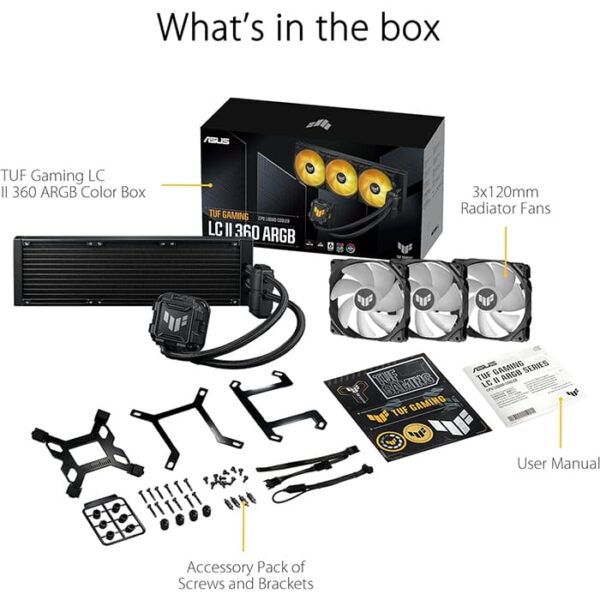 Asus TUF Gaming LC II 360 ARGB Liquid Cooler With Aura Sync, 360MM Radiator, 3*120MM TUF ARGB Fans, Reinforced 400MM Tubing, Decoupled Low-Noise Pump With Cover, Black - Image 2
